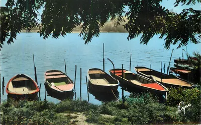 Barcos em um lago — vista enquadrada por folhagens — editor Lypma, número de série não visível